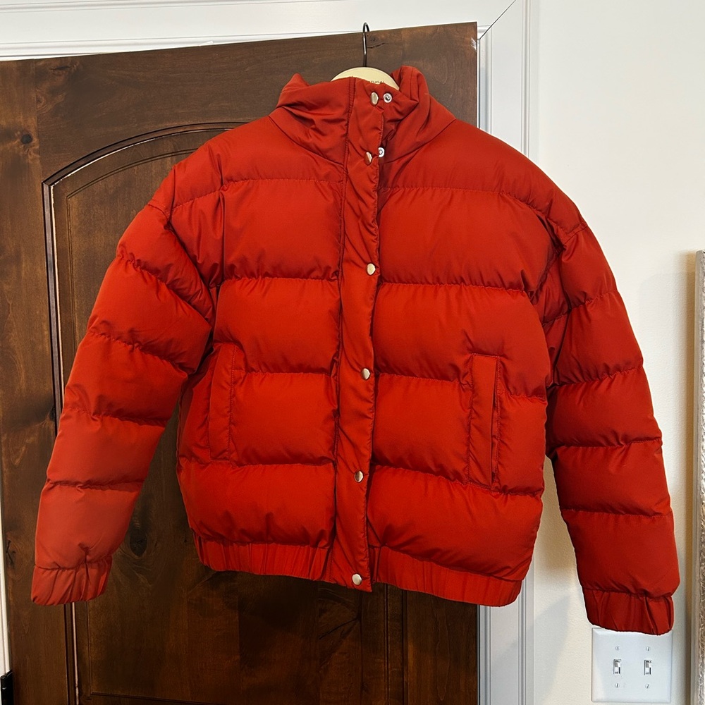 Vibrant Red Quilted Puffer Jacket with High Collar